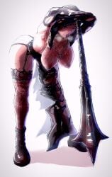 ass black_boots black_hood black_thighhighs boots breasts breasts_out breath coif elden_ring elden_ring_nightreign flanged_mace heavy_breathing highres holding holding_mace holding_weapon infamoustekazu jewelry large_breasts mace necklace nipples nun simple_background sweat sweatdrop thighhighs undertaker_(nightreign) weapon white_background