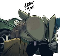 anthro anus bent_over blue_eyes blue_hair bottomwear bottomwear_down butt car clothed clothing feces feces_in_ass female freckled_butt freckles genitals hair hi_res lagomorph leporid mammal pants pants_down partially_clothed pooping pooping_in_bag pooping_in_container rabbit rammylamb reddened_butt scat solo teeth underwear underwear_down vehicle vulva