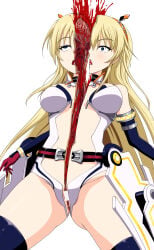 1girls absurdres anatomy bisected blonde_hair blood censored commentary_request cowboy_shot ero_guro guro highres long_hair nightmare_fuel ryona ryonasuki sagittal_plane_cutting snuff sword_liberator_rigel