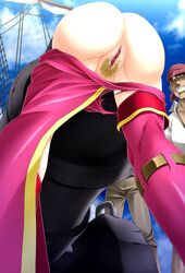 anus arkham_(artist) ass bandana bent_over cannon censored clenched_teeth clouds female from_below game_cg highres legs no_panties onna_kaizoku_queen_barbarigo pants_down peril pirate pubic_hair pussy ship sky smile standing sue-markii thighs