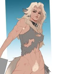 4:5 abs absurd_res armpit_hair blonde_hair body_hair bottomless breasts canid canine clothed clothing collar deadlock_(game) ear_piercing ear_ring eyelashes facial_scar female freckled_face freckles froggystyleart genitals grey_clothing grey_topwear hair hi_res humanoid lilah_silver long_eyelashes mammal muscular muscular_female mythological_canine mythological_creature mythology piercing pubes ring_piercing scar solo tail topwear torn_clothing torn_topwear v-cut valve vulva werecanid werecanine werecreature werewolf