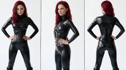 3d 3d_model 3d_render ai_generated bdsm_outfit black_latex corset dominant_female dominatrix femdom latex latex_catsuit mistress red_hair