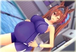 maikatz14 daiwa_scarlet_(umamusume) umamusume umamusume_pretty_derby cygames horse_girl horse_ears horse_tail big_breasts popped_navel swimsuit tiara hand_on_hip hand_on_belly pregnant pregnant_female pregnant_belly thick_thighs 3d 3d_(artwork) 3d_model pool white_skin brunette