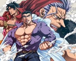 3boys abs bara bare_breasts beard_stubble beefy biceps big_nose black_hair breasts breasts_bigger_than_head broad_shoulders cape daddy dilf earrings frown fur gay gol_d_roger harukatti hi_res hunk jacket_on_shoulders looking_at_viewer male male_breasts male_only manly mature_male medium_hair monkey_d_garp moobs muscular muscular_arms muscular_male muscular_neck muscular_thighs mustache_stubble no_nipples no_visible_genitalia one_piece oppai pecs pointy_nose rapier rocks_d_xebec rolled_up_sleeves scar scar_on_face short_hair six_pack skin_tone_difference slicked_back_hair smoke standing tough_guy weapon white_hair wrinkles yaoi young