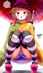 confused chestnut_mouth ? spoken_question_mark large_ass ass_visible_through_thighs vulva cameltoe striped_panties umbrella holding_umbrella kanoko_(pop'n_music) pop'n_music