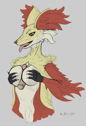 anthro breasts canine claws delphox disembodied_penis erection female fennec fox fur furry furry_only hand_on_breasts hand_on_chest looking_down luffsas male mammal nintendo nude open_mouth paizuri penis pokemon sex sharp_claws sharp_teeth smile solo_focus standing straight teeth tongue tongue_out