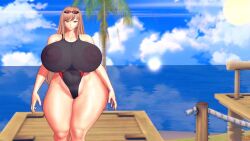 2girls areolae belly_button big_breasts blue_sky breasts breasts_bigger_than_head breasts_bigger_than_torso cameltoe clouds female female_only goddess_of_victory:_nikke hips hips_wider_than_shoulders huge_breasts hyper_breasts leather_clothing nipples nipples_visible_through_clothing ocean one-piece_swimsuit pale-skinned_female pale_skin pier rapi_(classic_vacation)_(nikke) rapi_(nikke) red_eyes red_hair red_hood_(nikke) rqucumber see-through_clothing swimsuit tagme thick_thighs thighs tight_clothing video walking