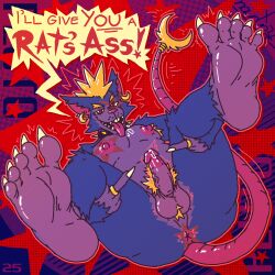 5_fingers 5_toes abstract_background anthro anus ball_tuft balls blonde_hair blue_body blue_fur bodily_fluids body_hair butt claws collar dialogue digital_media_(artwork) ear_piercing ear_ring english_text erection eyebrows feet fingers foot_focus fur genital_fluids genitals gesture glans hair hand_gesture humanoid_feet humanoid_genitalia humanoid_penis jewelry legs_up looking_at_viewer lying male male_anthro mammal mohawk multicolored_body murid murine naudiz_(artist) nipples nude nude_male on_back open_mouth open_smile penis perineum piercing pink_anus pink_genitals pink_nipples pink_penis pink_tongue plantigrade precum presenting presenting_anus presenting_hindquarters pubes purple_balls purple_body purple_fur purple_genitals purple_penis rat red_eyes ring ring_(jewelry) ring_piercing rodent saliva sharp_teeth simple_background smile soles solo speech_bubble spiked_collar spikes spread_legs spreading tail talking_to_viewer teeth text toe_claws toes tongue tongue_out tuft vein veiny_penis yellow_sclera