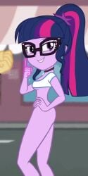 1girls 2d 2d_(artwork) artist_name artist_request bottomless choker equestria_girls female female_focus female_only glasses hand_on_hip humanized looking_at_viewer looking_back one_finger_up pink_penis ponytail purple_eyes purple_hair sci-twi slim slim_waist smile smile_at_viewer solo t-shirt teenage_girl teenager twilight_sparkle twilight_sparkle_(eg) two-tone_hair