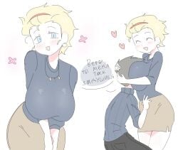 1boy 1girls big_breasts blonde_hair blue_eyes blush breast_press canon_couple embrace face_in_breasts female female_focus fully_clothed hairband hug huge_breasts husband_and_wife looking_at_viewer male nnch no,_i'm_not_a_human protagonist's_wife_(no,_i'm_not_a_human) protagonist_(no,_i'm_not_a_human) short_hair smile