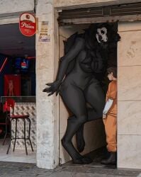 1boy 1girls alleyway_milf_(meme) anthro anthro_female big_breasts black_body black_fur black_hair black_sclera colombia d-class furry furry_female huge_breasts human human_male mal0 malo medellin,_colombia meme nude nude_female photo-referenced photo_background pilsen_callao scp-1471 scp-1471-a scp_foundation size_difference skull_head smaller_male spuydjeks taller_female trend