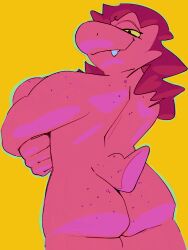 anthro bedroom_eyes big_breasts body_freckles breast_grab breasts butt colored_skin crossed_arms deltarune dinosaur fang_out female from_behind_(disambiguation) grabbing_both_breasts hair half-closed_eyes hand_on_breast hi_res largedrat long_hair looking_at_viewer looking_back mouth_closed narrowed_eyes nude outline portrait prehistoric_species rear_view reptile scalie seductive simple_background smile solo standing susie_(deltarune) tail three-quarter_portrait undertale_(series) yellow_background yellow_eyes yellow_sclera
