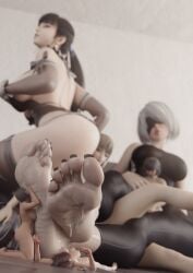 3d ass big_ass big_breasts black_hair blindfold breasts clothed clothing eve_(stellar_blade) feet female female_only giantess light-skinned_female light_skin micro multiple_girls nazochisteuh nier nier:_automata nipples nude nude_female short_hair size_difference stellar_blade white_hair yorha_2b