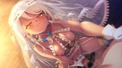1boy 1girl blush boots breasts censored corset cowgirl_position dark-skinned_female dark_skin erection frilled_corset frills game_asset garter_belt garter_straps gloves grabbing_another's_penis guided_penetration hetero just_the_tip leane_(reijuu_no_acolyte_lufia) long_hair looking_at_viewer mosaic_censoring navel nipples non-web_source penis pointy_ears pov reijuu_no_acolyte_lufia sex small_breasts smile solo_focus spread_legs straddling sweat tanabe_kyou thigh_boots vaginal veil visual_novel_cg white_hair yellow_eyes
