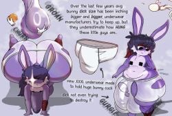 anthro balls big_balls big_butt big_penis black_hair bulge butt churning_balls clothing disembodied_hand english_text fur genitals giant_sperm glistening glistening_balls glistening_genitalia glistening_penis grey_background hair hi_res huge_balls huge_butt huge_penis humanoid_genitalia humanoid_penis kerchief lagomorph leporid male mammal navel nipple_tape pasties penis purple_body purple_fur purple_hair rabbit saggy_balls scratching_butt senordraws shadow silly_badbun simple_background sperm_cell sperm_size_difference tape text thick_thighs tight_clothing torn_clothing torn_underwear underwear vein
