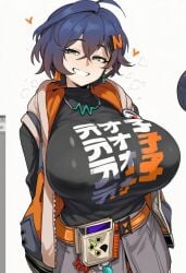 1girls ahoge bangs belle_(zenless_zone_zero) big_breasts breasts earrings eyebrows_visible_through_hair heart huge_breasts jewelry looking_at_viewer short_hair skirt smile solo zenless_zone_zero