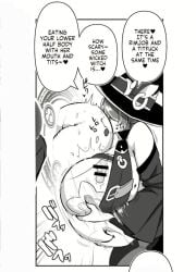 1boy 1girls bar_censor big_breasts breasts_bigger_than_head doujinshi_page edit eugene_batten female_rimming_male femdom huge_breasts magic monochrome now_you're_thinking_with_portals original paizuri penis portal portal_(object) reverse_paizuri reverse_titfuck rimjob rimming rimzuri unseen_male_face upscaled witch witch_hat x-ray