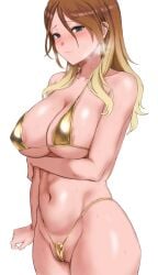 kakeru_(fujiwara_kakeru) idolmaster idolmaster_shiny_colors izumi_mei absurdres highres 1girls areola_slip arm_under_breasts bare_shoulders bikini blonde_hair blue_eyes blush breasts closed_mouth female_pubic_hair gold_bikini gradient_hair hand_on_own_arm large_breasts long_hair micro_bikini multicolored_hair partially_visible_vulva pubic_hair pubic_hair_peek raised_inner_eyebrows simple_background solo standing swimsuit upper_body white_background