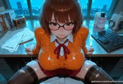 1girl breasts looking_at_viewer blush short_hair bangs skirt large_breasts brown_hair shirt thighhighs long_sleeves 1boy ribbon brown_eyes sitting closed_mouth school_uniform white_shirt hetero pleated_skirt glasses solo_focus collared_shirt indoors miniskirt red_ribbon wet torn_clothes window skindentation neck_ribbon red_skirt pov cardigan desk clothed_sex black-framed_eyewear pen computer monitor implied_sex keyboard velma_dinkley scooby-doo ai_generated kermixx