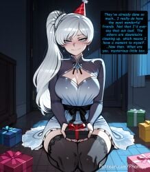 rwby weiss_schnee phanary patreon patreon_username patreon_link absurdres aesthetic ai_generated anime anime_style blurred_background comic comic_page comic_panel comic_strip cover_page dialogue digital_art digital_painting english high_quality highres line_art long_comic manga_style multiple_panels soft_shading speech_bubble 1girls 1girl 1female solo_focus big_breasts huge_breasts large_breasts big_ass large_ass bubble_butt bubble_ass thick curvy curvy_figure curvy_female curvy_body curvy_hips curvy_thighs sexy sexy_pose sexy_body sexy_female beautiful beautiful_girl beautiful_female cute cute_face slut bitch 2026 blush blushing blush_lines blushing_female text text_bubble text_box text_focus english_text english_dialogue rooster_teeth viz_media solo long_hair breasts looking_at_viewer smile blue_eyes long_sleeves dress thighhighs hat holding cleavage jewelry sitting white_hair thighs earrings indoors artist_name black_thighhighs white_dress side_ponytail zettai_ryouiki sash night scar box scar_on_face web_address gift seiza santa_hat scar_across_eye shrug_(clothing) gift_box holding_gift tsundere party_hat