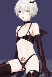 1boy armpit_crease bar_censor bat_hair_ornament bat_wings bikini black_choker black_wings censored choker collarbone commentary crossdressing crossdressing_(mtf) cupless_bikini demon_boy demon_tail dot_nose elbow_gloves full_body gloves green_eyes grey_hair hair_between_eyes hair_ornament latex latex_bikini latex_gloves latex_thighhighs looking_at_viewer male_focus navel nipples original parted_lips penis pointless_censoring pubic_tattoo purple_background purple_bikini purple_gloves purple_thighhighs short_hair solo squatting sunaba_(nczd5875) swimsuit tail tattoo thighhighs trap white-haired_boy_(sunaba_(nczd5875)) wings