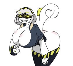 big_breasts female female_focus female_only grey_hair murder_drones smile smiling v_(murder_drones) white_background yellow_eyes