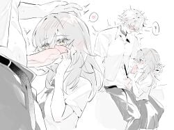 1boy 1girl absurdres annann_nna belt between_legs blush choker chrysos_heirs_school_uniform clothes_pull collared_shirt commentary fellatio glasses greyscale hand_on_another's_head heart hetero highres honkai:_star_rail honkai_(series) kneeling long_hair monochrome multiple_views necktie open_belt open_fly open_pants oral pants pants_pull penis phainon_(honkai:_star_rail) school_uniform shirt short_hair short_sleeves simple_background skirt speech_bubble spoken_heart spot_color stelle_(honkai:_star_rail) trailblazer_(honkai:_star_rail) translation_request untranslatable_commentary veins veiny_penis yellow_eyes