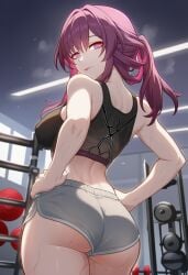 1girls 2026 2d 2d_(artwork) ai_generated alternate_costume big_ass big_breasts big_butt big_thighs black_topwear daytime female female_focus female_only gym hands_on_hips honkai:_star_rail hoyoverse kafka_(honkai:_star_rail) long_hair looking_at_viewer looking_back low-angle_view lunealter mature_female mihoyo minishorts pale-skinned_female pale_skin partially_clothed purple_eyes purple_hair questionable red_lipstick sfw sweat sweating thick_ass thick_butt thick_hips thick_legs thick_thighs