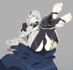 1girl absurdres armor artist_logo artist_name ass black_hairband black_panties blue_cape breasts cameltoe cape clothing_cutout collared_shirt commentary corrin_(fire_emblem) corrin_(fire_emblem)_(female) english_commentary feet female female_corrin_(fire_emblem) female_only fire_emblem fire_emblem_fates foreshortening full_body grey_background grey_hair hair_between_eyes hairband hand_on_own_foot hand_on_own_thigh head_tilt highres knees_together_feet_apart legs legs_up logo long_hair looking_at_viewer lying medium_breasts nintendo no_shoes on_back paid_reward_available panties parted_bangs parted_lips pointy_ears r3dfive red_eyes shadow shirt soles solo stirrup_legwear thigh_cutout thighs toeless_legwear toenails toes underwear