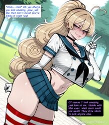1female 1girl 1girls 2026 absurdres aesthetic ahoge ai_generated alternate_hairstyle anime anime_style arm_behind_back artist_name beautiful beautiful_female beautiful_girl big_ass big_breasts bitch black_choker black_neckerchief black_panties blonde_hair blue_eyes blue_sailor_collar blue_skirt blurred_background blurry_background blush blush_lines blushing blushing_female breasts bubble_ass bubble_butt choker collarbone comic comic_page comic_panel comic_strip cosplay cover_page cowboy_shot crop_top crop_top_overhang cropped_shirt curly_hair curvy curvy_body curvy_female curvy_figure curvy_hips curvy_thighs cute cute_face day dialogue digital_art digital_painting dutch_angle elbow_gloves english english_dialogue english_text female female_only gloves grin hair_between_eyes hand_up heart heart_ahoge high_ponytail high_quality highleg highleg_panties highres huge_breasts khalys_(phanary) large_ass large_breasts line_art long_comic long_hair looking_at_viewer microskirt midriff miniskirt multiple_panels navel neckerchief oc original original_character outdoors panties panty_straps parted_lips patreon patreon_link patreon_username phanary pleated_skirt ponytail sailor_collar school_uniform serafuku sexy sexy_body sexy_female sexy_pose shimakaze_(kancolle)_(cosplay) shimakaze_(kantai_collection)_(cosplay) shirt short_sleeves skindentation skirt slut smile soft_shading solo solo_focus speech_bubble standing striped_clothes striped_thighhighs text text_box text_bubble text_focus thick thick_thighs thighhighs thighs thong tree underwear v very_long_hair web_address white_gloves white_shirt wide_hips