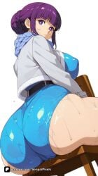 1girl ai_generated artist_name ass ass_focus bangs belt blunt_bangs braid breasts cameltoe chair covered_nipples fern_(sousou_no_frieren) frieren_beyond_journey's_end from_behind hair_bun jacket large_breasts looking_at_viewer looking_back one-piece_swimsuit patreon purple_eyes purple_hair questionable senpai_pixels simple_background single_hair_bun sitting solo sousou_no_frieren stool sweat swimsuit thighs wet white_background