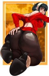 pepperoni_ravioli yor_briar huge_ass thick_thighs thick_ass ass wide_hips nervous shocked cameltoe pantyhose sweater red_sweater spy_x_family shoes