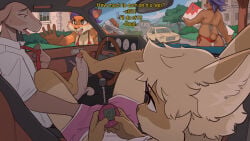 anthro balls biped breasts brown_body brown_fur canid canine car clothed clothing deer detailed_background dialogue erection feet female fingers foot_fetish foot_play footjob fox fur genitals group hair hi_res inside_car inside_vehicle ittybittykittytittys male male/male mammal open_mouth orange_body orange_fur penis question_mark sex short_tail tail text vehicle