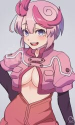 ahoge blue_eyes blush cleavage cropped_jacket female female_only inner_sideboob inu_suki02 jumpsuit looking_at_viewer made_in_abyss medium_breasts no_bra pink_hair short_hair sideboob smile solo tepaste two-tone_hair underboob