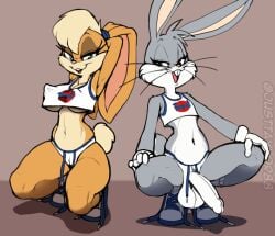 anthro balls bottomwear breasts bugs_bunny bulge camel_toe clothing crop_top crouching duo english_text eyelashes eyeshadow female femboy flat_colors footwear genitals gloves hair handwear justtaylor lagomorph leporid lola_bunny looney_tunes makeup male male/female mammal navel nipple_outline ponytail rabbit shirt shoes shorts simple_background sneakers text topwear under_boob warner_brothers whiskers