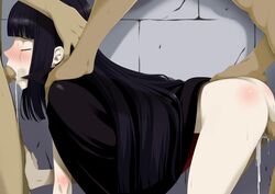 all_fours black_hair blush cape censored closed_eyes cum cum_in_mouth cum_in_pussy doggy_style etou_ranze fellatio female hand_on_head highres legs long_hair no_panties oral partial_male penis solo_focus spanked spitroast standing sweat tears teitetsu_kishidan thighs tokimeki_tonight