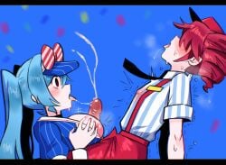 2girls :o after_fellatio alternate_breast_size_(larger) arched_back arm_support arms_at_sides assertive_female bare_arms black_choker black_eyes black_necktie blue_hair blue_shirt blue_sky blurry blurry_background blush bow breasts buttons choker chromatic_aberration collared_shirt commentary confetti covered_nipples cowboy_shot cum diagonal-striped_bow double-parted_bangs drill_hair ejaculation empty_eyes english_commentary erection fang flying_sweatdrops from_side futa_with_female futanari grabbing_own_breast hair_between_eyes hand_up hat hatsune_miku highres kasane_teto lapels large_breasts letterboxed long_hair looking_at_another meme mesmerizer_(vocaloid) miku_and_futa_teto_(meme) motion_lines multiple_girls necktie nipples no_pupils open_clothes open_mouth open_shirt orgasm osulan outdoors paizuri pants penis pinstripe_pattern pinstripe_shirt profile puffy_short_sleeves puffy_sleeves red_bow red_hair red_hat red_pants saliva saliva_trail shirt short_hair short_sleeves sidelocks sitting sky small_breasts striped_bow suspenders sweat tongue tongue_out trembling twin_drills twintails two-tone_bow uncensored upper_body very_long_hair visor_cap vocaloid white_bow wide-eyed