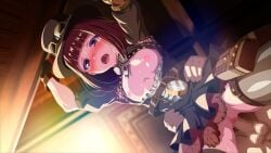 1boy 1girl against_wall blush breasts breasts_out brown_hair censored clothed_sex doggystyle dress game_asset gloves goggles goggles_on_headwear hat hetero higashiyama_akisa highres magicami mosaic_censoring nipples official_art open_mouth penis saliva sex sex_from_behind short_hair small_breasts solo_focus standing standing_sex steampunk testicles thighhighs torso_grab vaginal