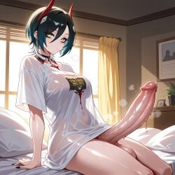 1girl ai_generated arm_support bed bed_sheet bedroom black_choker black_hair black_nails bottomless breasts breath choker closed_mouth clothes_writing clothing covered_navel curtains ear_piercing erection female futanari hair_between_eyes horns huge_penis huge_testicles indoors intersex large_breasts large_penis looking_at_viewer lunaart mechanical_horns medium_breasts multicolored_hair nail_polish navel on_bed penis piercing pillow plant potted_plant precum puff_of_air red_horns see-through see-through_shirt shirt short_hair short_sleeves sitting slit_pupils solo sunlight sweat t-shirt testicles thighs two-tone_hair veins veiny_penis wet wet_clothes wet_shirt white_hair white_shirt window yellow_eyes
