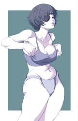 1girls adjusting_clothes artist_request big_breasts black_hair blue_background breasts chainsaw_man cleavage eyepatch female female_focus female_only hands_on_breasts himeno_(chainsaw_man) looking_at_viewer panties questionable realistic_proportions short_hair shounen_jump simple_background solo solo_female standing tank_top thick_thighs underwear white_border