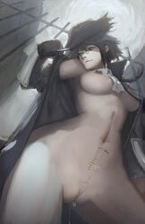 1girls black_gloves black_hair bloodborne breasts brown_eyes clitoris_piercing clothing coat cravat detached_collar female female_only from_below fromsoftware glasses gloves gray_bear hat hat_tip hunter_(bloodborne) large_breasts long_hair navel night night_sky nipple_piercing nipple_rings nude open_clothes open_coat painting_artwork pale_skin piercing pince-nez pussy pussy_juice pussy_juice_drip red_eyes short_hair sky smile solo tattoo trenchcoat uncensored vambraces zipper