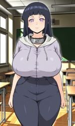 1girls ai_generated big_boobs big_breasts blue_hair boruto:_naruto_next_generations choker classroom curvy curvy_female curvy_figure dark_blue_hair hoodie huge_breasts hyuuga_hinata jacket large_breasts light-skinned_female light_skin mature_female milf naruto naruto_(series) naruto_shippuden no_pupils pants purple_eyes shao145 shiny_skin solo solo_female standing teenage_girl teenager