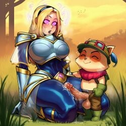 1boy 1girl ahegao ai_generated armor big_breasts big_penis blonde_hair blush bustybunz cum cum_on_body cum_on_penis cumshot drooling grass handjob hetero hypnosis interspecies kneeling large_ass league_of_legends long_hair luxanna_crownguard outdoor_sex partially_clothed purple_eyes request requested rolling_eyes saliva size_difference smaller_male spiral_eyes sunset sweat tagme teemo testicles tongue_out yordle yordle_on_human