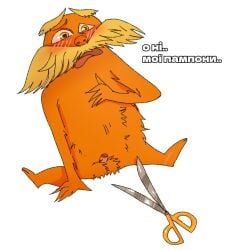 1boy 2023 anthro anthro_only balls blonde blonde-haired_male blonde_hair blonde_mustache bluekrevi blush blushing castration castration_threat dr._seuss dr_seuss forced fur genitals illumination_entertainment lorax male male_only moustache mustache orange_body orange_fur orange_skin penis scissors small_penis text the_lorax the_lorax_(2012) ukrainian ukrainian_text universal_pictures universal_studios unknown_species