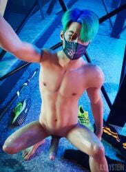 dead_by_daylight the_trickster trickster ji-woon_hak naked yaoi gay gay_male male male_only male_focus killystein 3d 3d_(artwork) 3d_model 3d_render 3d_artwork 1boy tenis_shoes tenis shoes shoes_removed shoe_fetish hard_cock mask masked masked_male mask_only nipples barefoot feet foot yellow_eyes scar scar_on_face blue_hair green_hair clothes_removed clothes_on_floor selfie_pose sitting killer