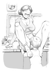 1boy 1girl age_difference blush bottomless breasts breasts_apart breath caption caracol censored closed_eyes clothes_lift cunnilingus drill_hair dutch_angle glasses hairy hallway hand_on_another's_head hetero highres incest indoors long_hair lying mature_female medium_breasts monochrome mosaic_censoring mother_and_child mother_and_son nipples older_female older_female_and_younger_male on_back on_floor open_mouth oral original parent_and_child pubic_hair rug shirt_lift sketch speech_bubble spread_legs sweater sweater_lift young younger_male