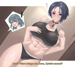 2girls athletic_female big_breasts blue_eyes byleth_(fire_emblem) byleth_(fire_emblem)_(female) calmgreentori cleavage female_abs fire_emblem fire_emblem:_three_houses fit_female green_hair intelligent_systems nintendo shamir_nevrand short_shorts teal_hair