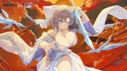 1girls blue_eyes breasts brown_dust brown_dust_2 busty cleavage crossover female female_only hair_ribbon huge_breasts ice japanese_clothes kimono large_breasts looking_at_viewer no_bra off_shoulder official_art senran_kagura serious_face short_hair silver_hair solo thighs white_kimono yumi_(senran_kagura)