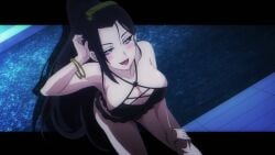 1girls anime_screenshot bikini black_bikini black_hair blush bracelet breasts cefiro_(maougun_saikyou_no_majutsushi_wa_ningen_datta) cleavage collarbone earrings forehead hand_on_own_knee hand_up jewelry large_breasts long_hair looking_at_viewer maougun_saikyou_no_majutsushi_wa_ningen_datta night pool purple_eyes red_lips shadow smile swimsuit water