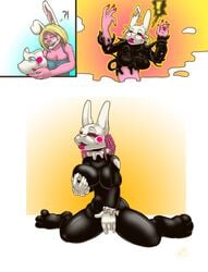 animal_ears blonde_hair breasts clothed clothing comic female fur hair lagomorph living_latex living_rubber magic mammal mask masturbation nail_polish open_mouth pink_fur rabbit rael_bunni solo transformation